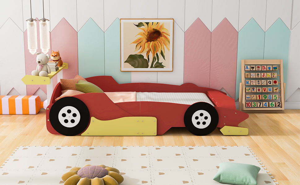 Full Size Race Car Shaped Platform Bed With Wheels - Red