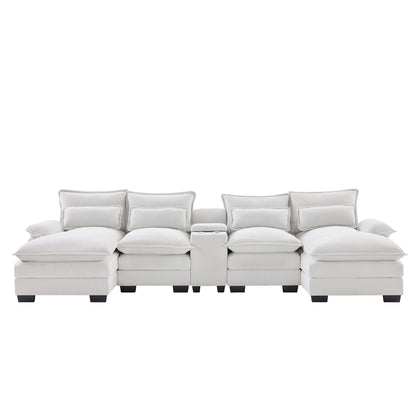 Modern U Shaped Sofa With Console, Cupholders And USB Ports, 6 Seat Upholstered Symmetrical Indoor Furniture, Sleeper Couch Set With Chaise - White