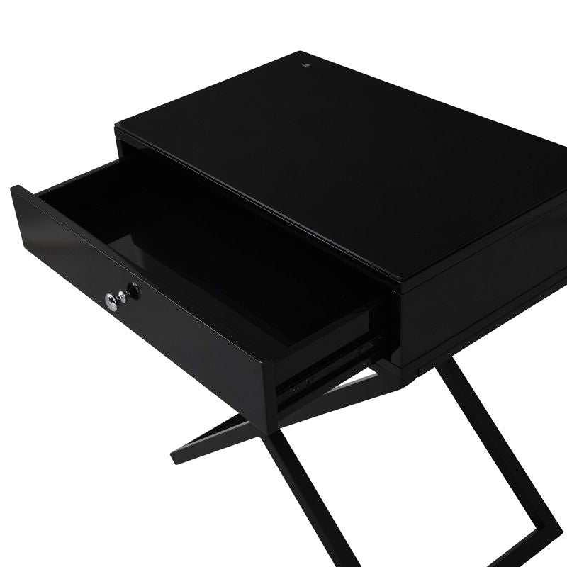 Koda - Wooden End Side Table Nightstand With Glass Top, Drawer And Metal Cross Base - Black