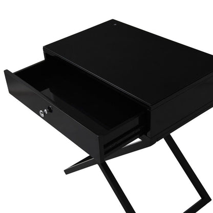 Koda - Wooden End Side Table Nightstand With Glass Top, Drawer And Metal Cross Base - Black