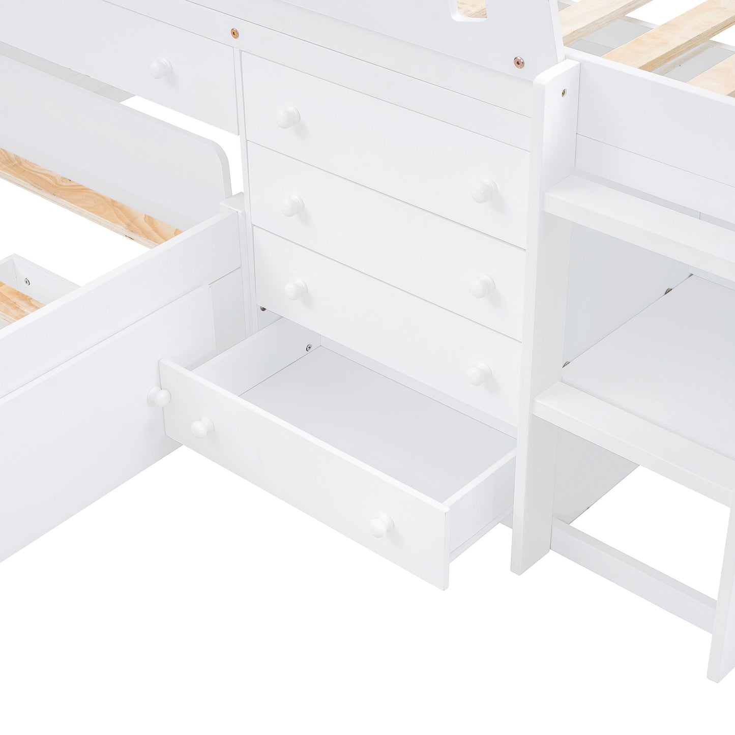 Twin Loft And Platform Bed With 7 Drawers And Full Guardrails, Modern L Shaped Space Savin - White