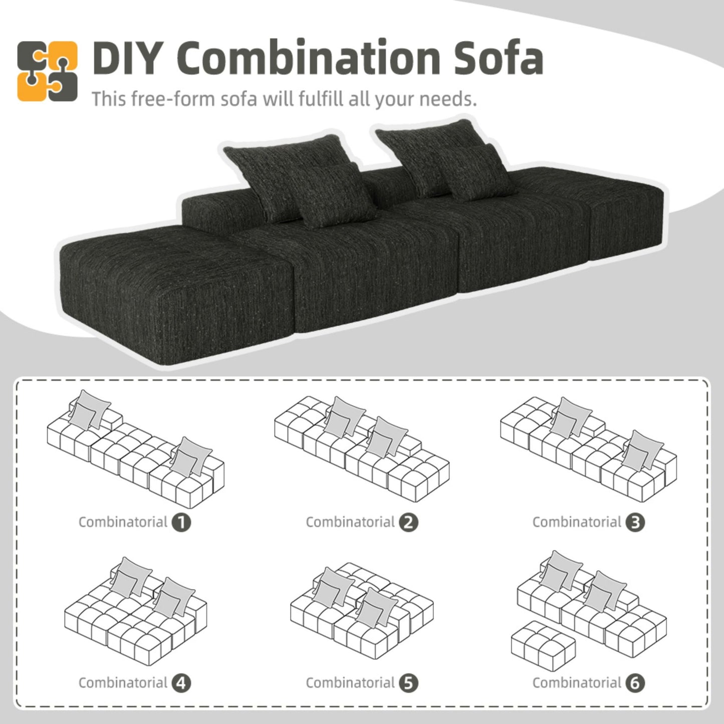 Modern Oversized Modular Sectional Sofa With 2 Ottoman And 2 Seat, Sparkling Chenille Fabric Soft Cushion Sofa With 4 Pillows, 4 Pieces Diy Combination Tufted Sofa, No Assembly Required - Black