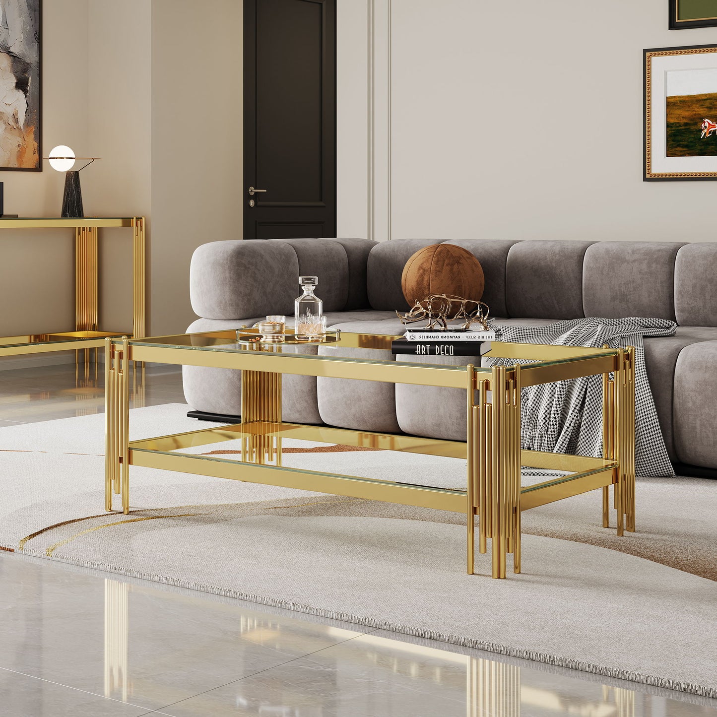 Top And Bottom Double Layer Tempered Glass Coffee Table And Mirror Finished Stainless Steel Frame - Gold
