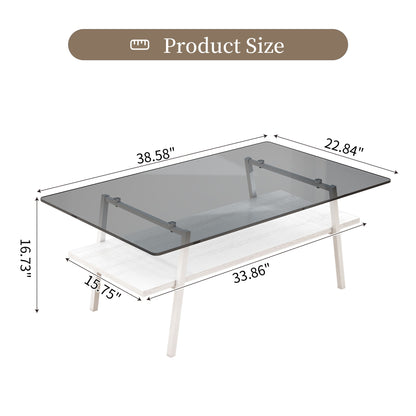 Rectangle Coffee Table, Tempered Glass Tabletop With White Metal Legs, Modern Table For Living Room - Gray