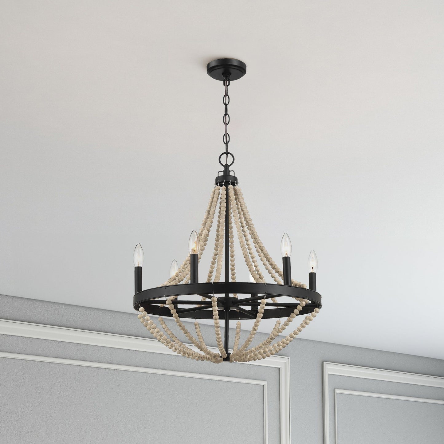Starry - Chandelier Farmhouse Six Candle Light Wood Beaded Pendant Light For Dining Room - Black / Clear