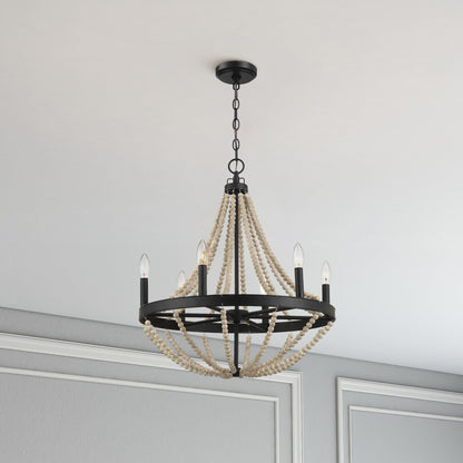 Starry - Chandelier Farmhouse Six Candle Light Wood Beaded Pendant Light For Dining Room - Black / Clear