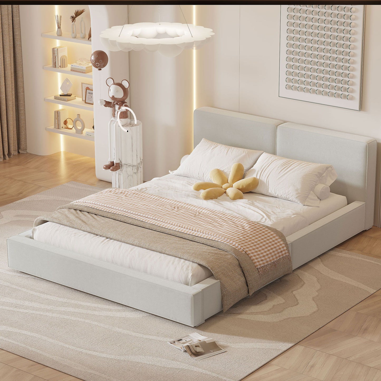 Queen Size Upholstered Platform Bed, Grounded Bed With Solid Frame - Beige