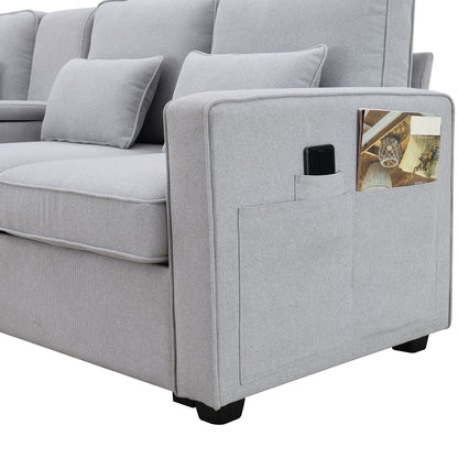4 Seater Modern Linen Sofa With Armrest Pockets And 4 Pillows, Minimalist Style Couch - Light Gray