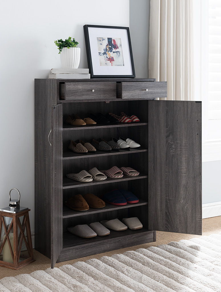 Shoe Cabinet, Two Door Storage Cabinet With Two Drawers, Fits 15 Pair Of Shoes - Distressed Gray