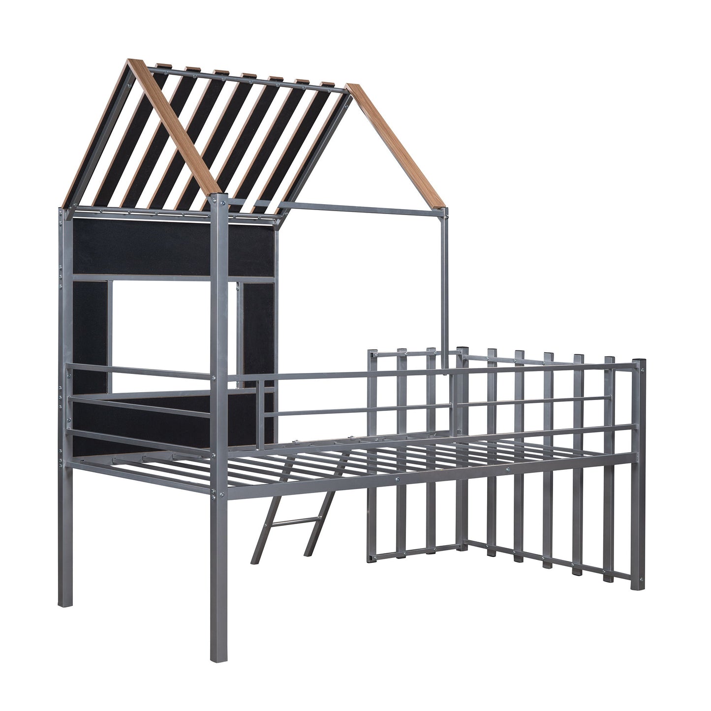 Twin Size Loft Bed With Roof, Window, Guardrail, Ladder - Silver