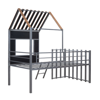 Twin Size Loft Bed With Roof, Window, Guardrail, Ladder - Silver