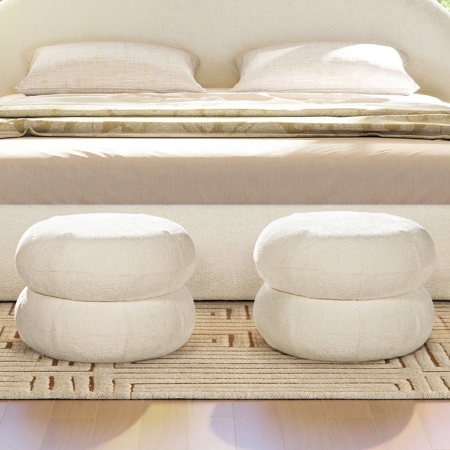 Nest - Low Round Upholstered Ottoman - Almond White