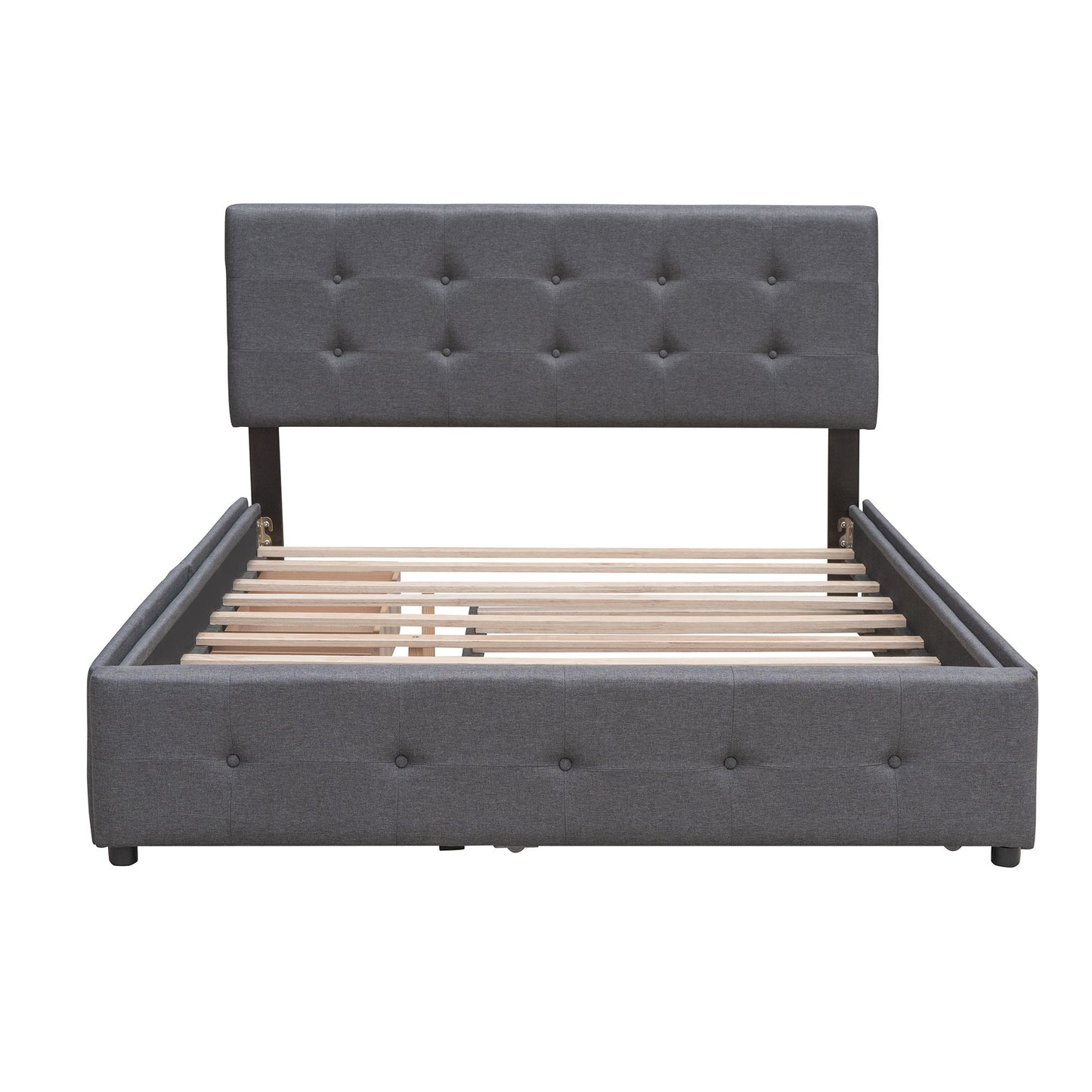 Queen Size Upholstered Platform Bed With 2 Drawers And 1 Twin Long Trundle - Dark Gray