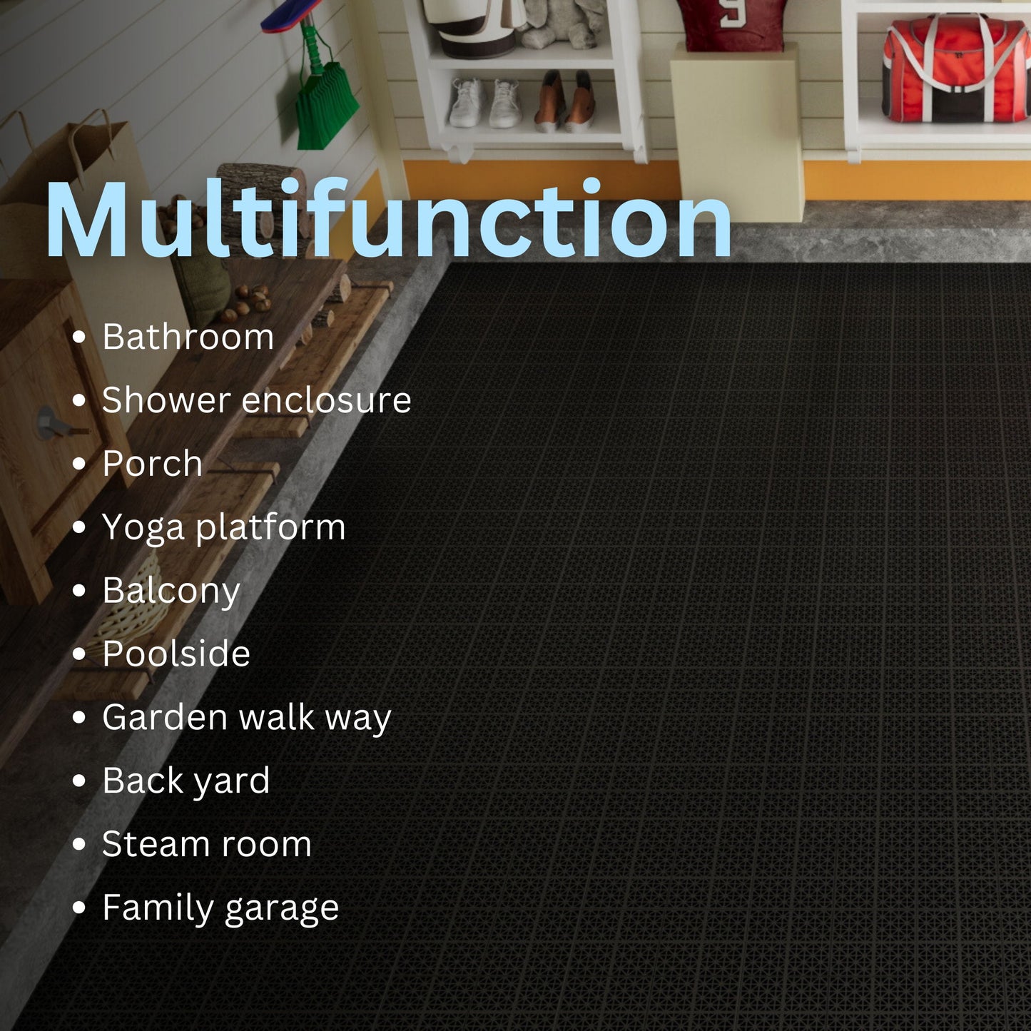 Interlocking Deck Tiles Plastic Waterproof Outdoor All Weather Anti-Slip Bathroom Shower Balcony Porch Strong Weight Capacity Upto 6613 Lbs, Rosette Pattern Pack Of 12 - Black