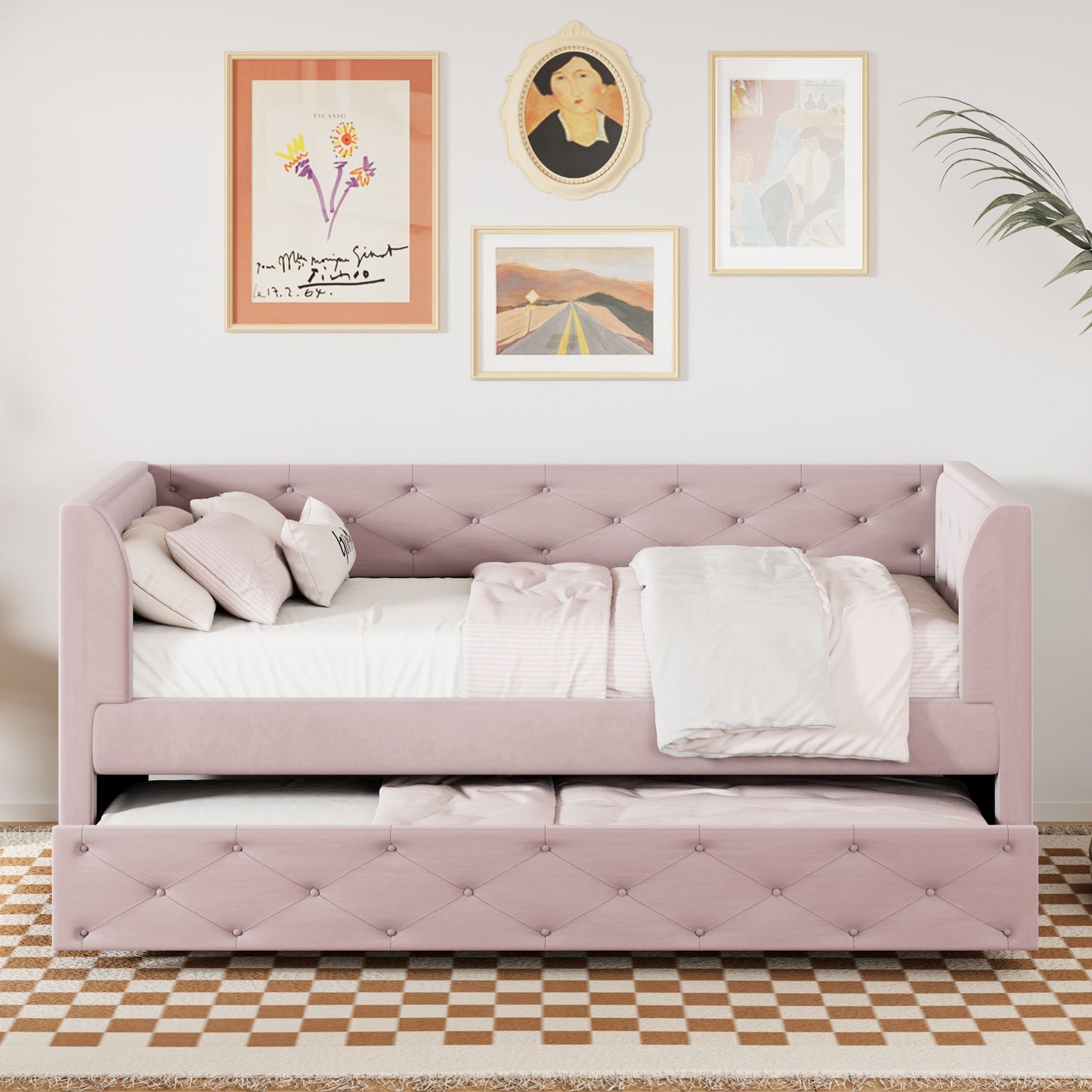 Twin Size Upholstered Tufted Daybed With Trundle - Pink