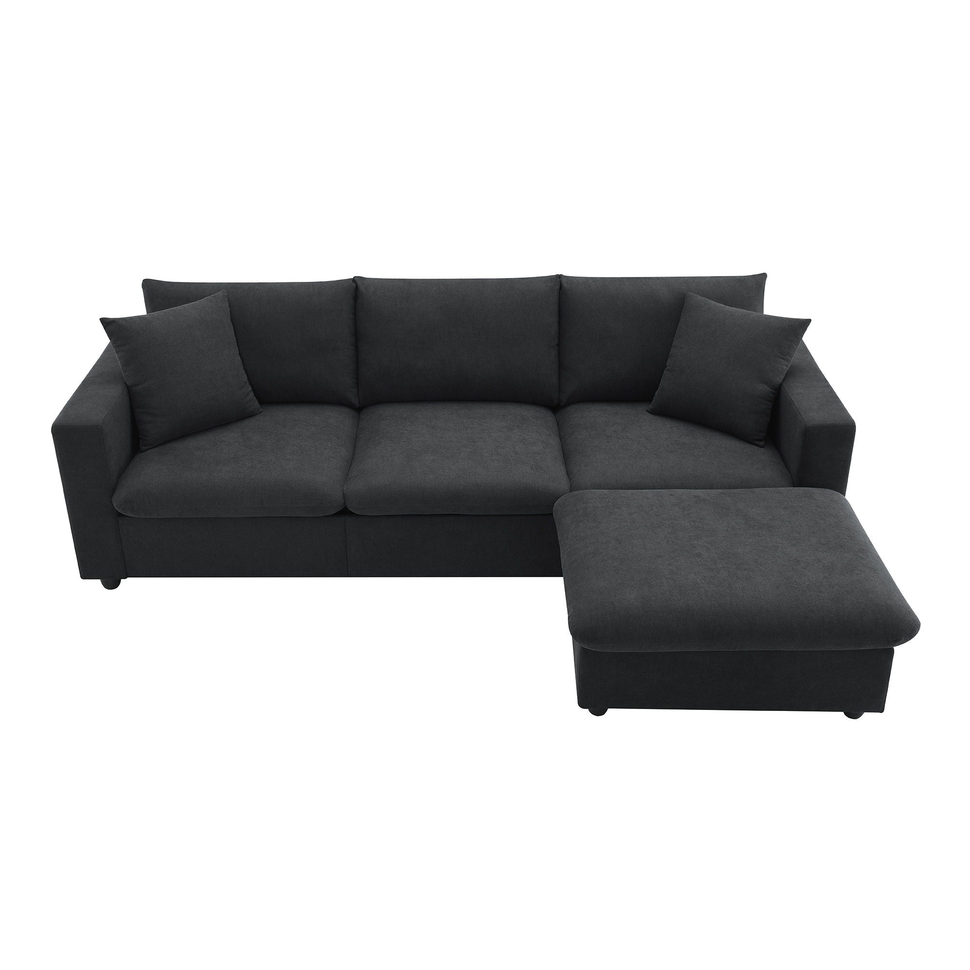 Modern Sectional Sofa With Throw Pillows, Cloud L Shaped Couch Set With Wide 4 Seat Comfy Couch Set With Movable Ottoman - Black