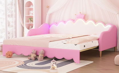 Twin Extending Daybed With LED Lights, Modern Upholstered Princess Daybed With Crown Headboard - Pink