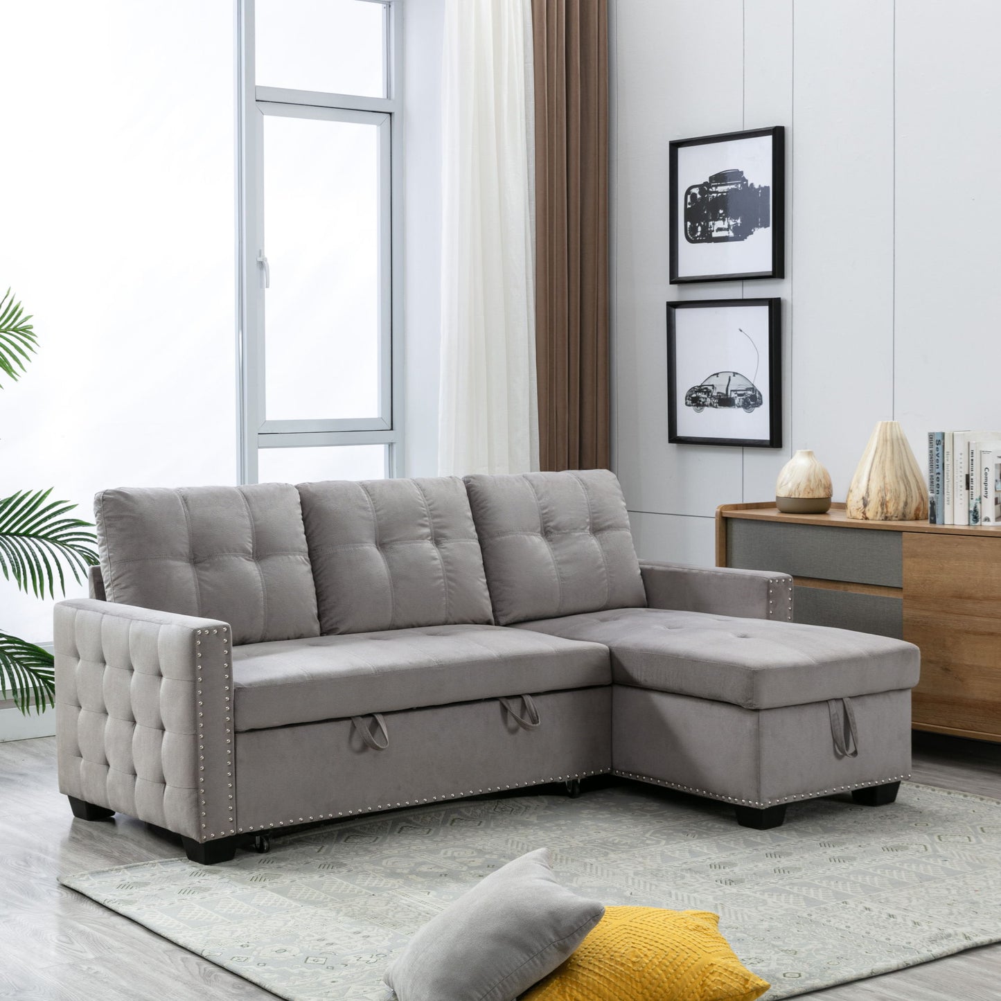 Reversible Sectional Storage Sleeper Sofa Bed, L-Shape 2 Seat Sectional Chaise With Storage, Skin-Feeling Velvet Fabric - Light Gray