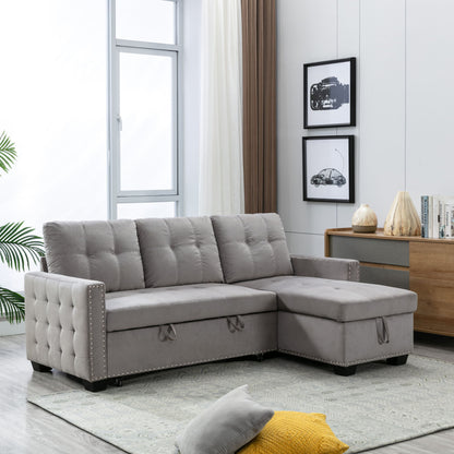 Reversible Sectional Storage Sleeper Sofa Bed, L-Shape 2 Seat Sectional Chaise With Storage, Skin-Feeling Velvet Fabric - Light Gray