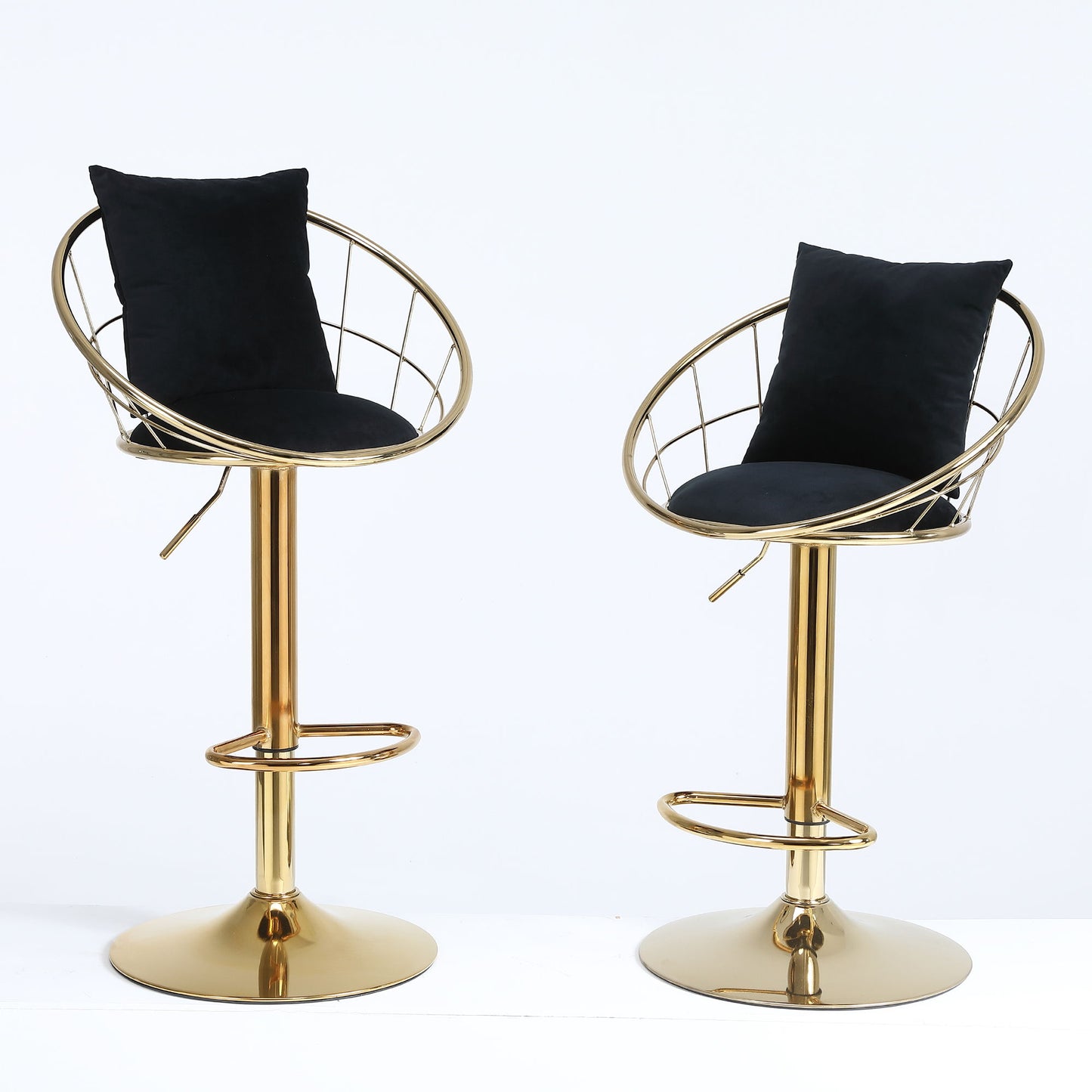 Velvet Bar Chair, Pure Gold Plated, Unique Design, 360 Degree Rotation, Adjustable Height, Suitable For Dining Room And Bar, (Set of 2) - Black