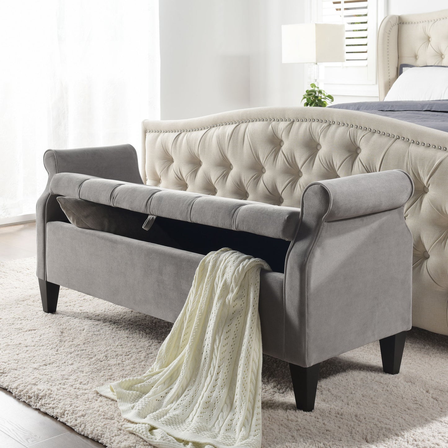 Jacqueline - Tufted Roll Arm Storage Bench - Opal Gray