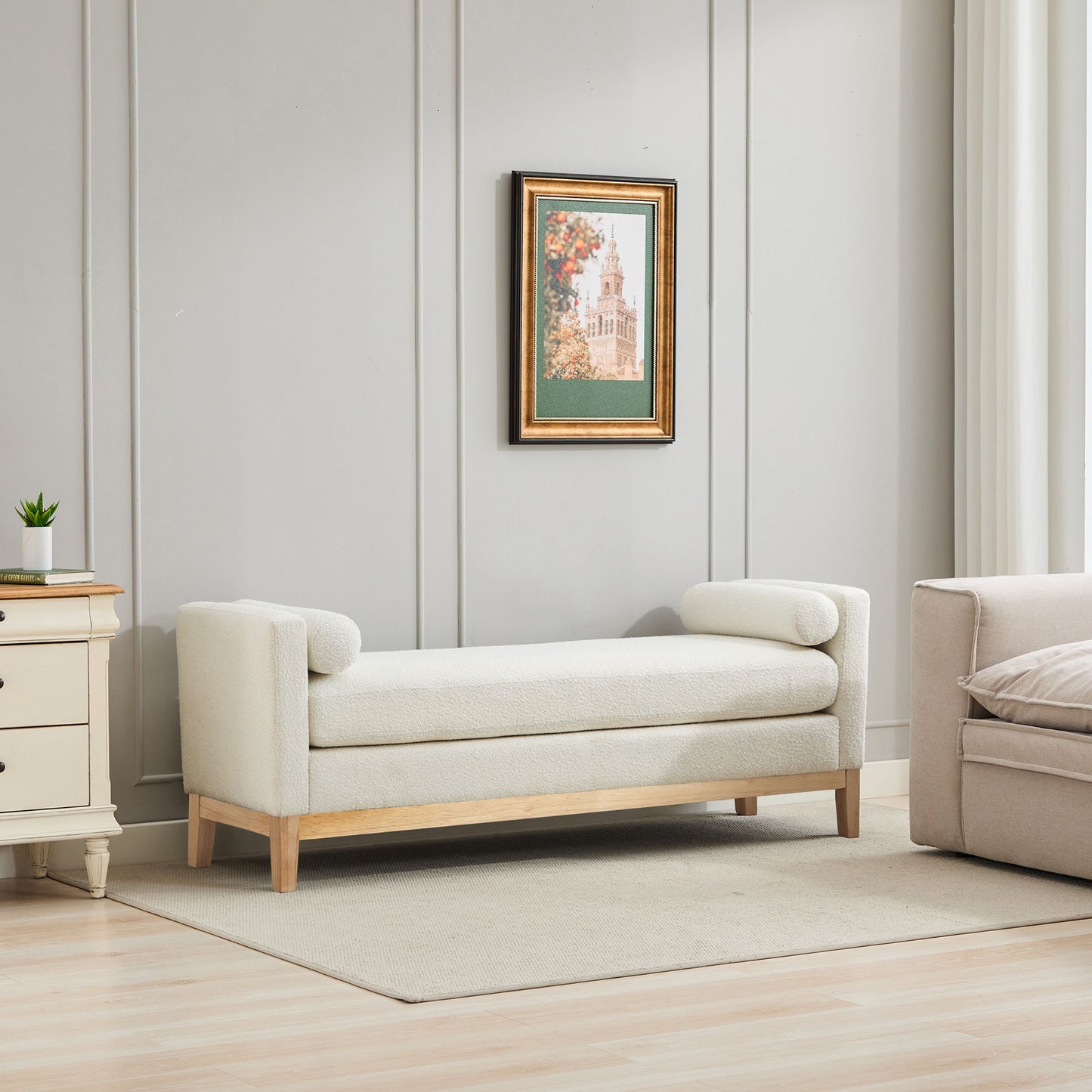 Elegant Upholstered Bench Daybed Ottoman With Nature Wood Legs & Bolster Pillows - Ivory Boucle