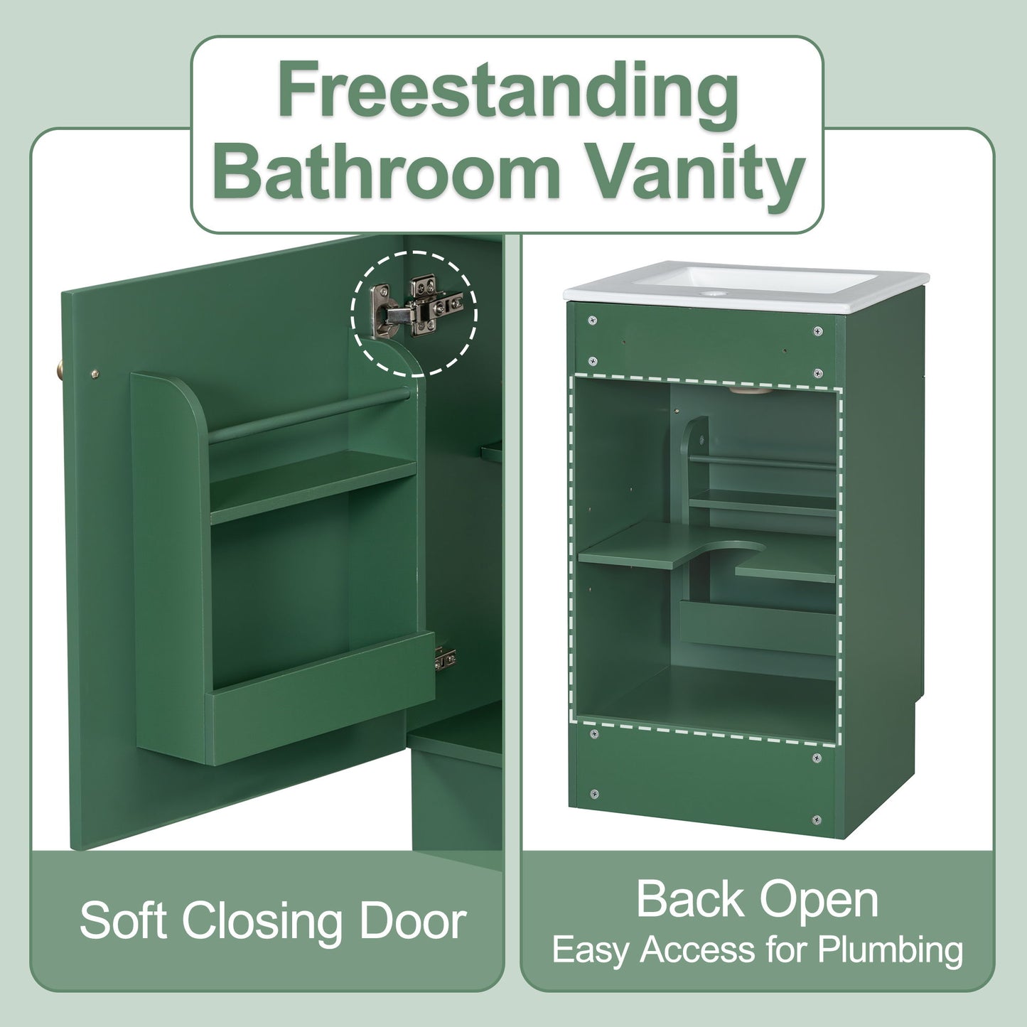 18" Bathroom Vanity With Sink, & Ceramic Cabinet With Adjustable Shelf - Green