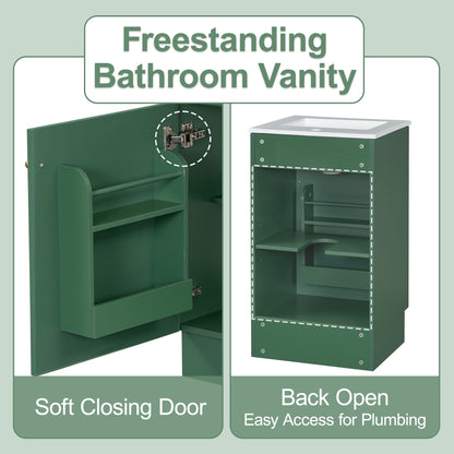 18" Bathroom Vanity With Sink, & Ceramic Cabinet With Adjustable Shelf - Green
