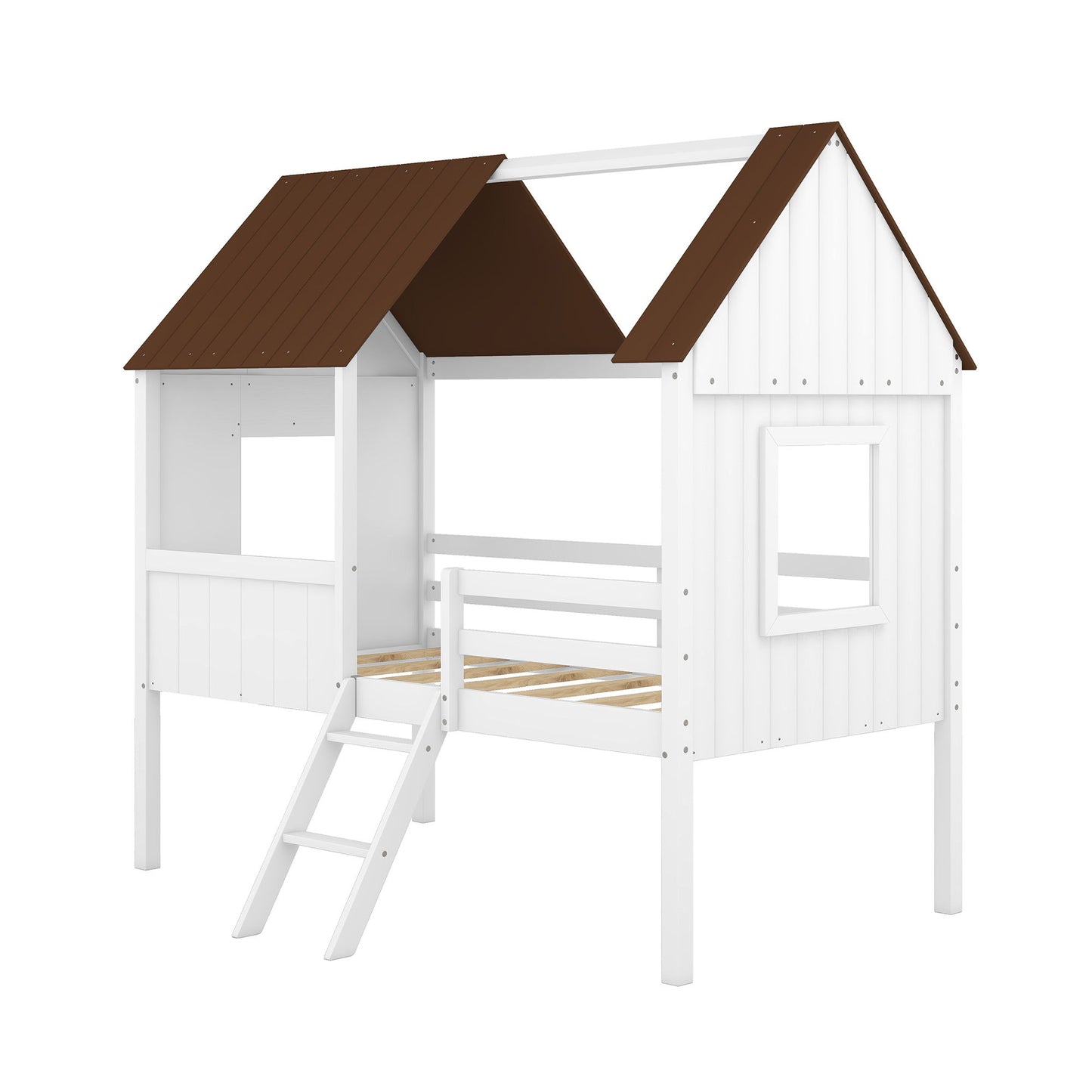 Twin Size Low Loft House Bed With Two Side Windows - White / Brown