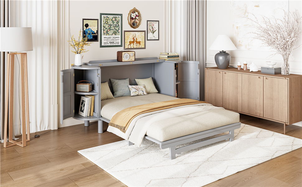 Queen Murphy Bed With Hidden Storage & Modern Woven Design - Gray