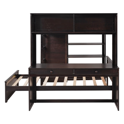 Full Size Loft Bed With A Twin Size Standalone Bed, Shelves, Desk, And Wardrobe - Espresso
