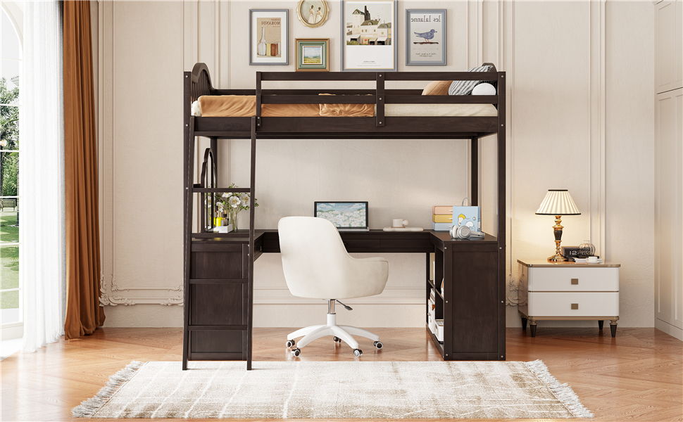 Full Loft Bed With U Shaped Desk, Storage Compartments And Tri Fold Mirror - Espresso