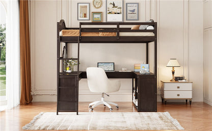 Full Loft Bed With U Shaped Desk, Storage Compartments And Tri Fold Mirror - Espresso