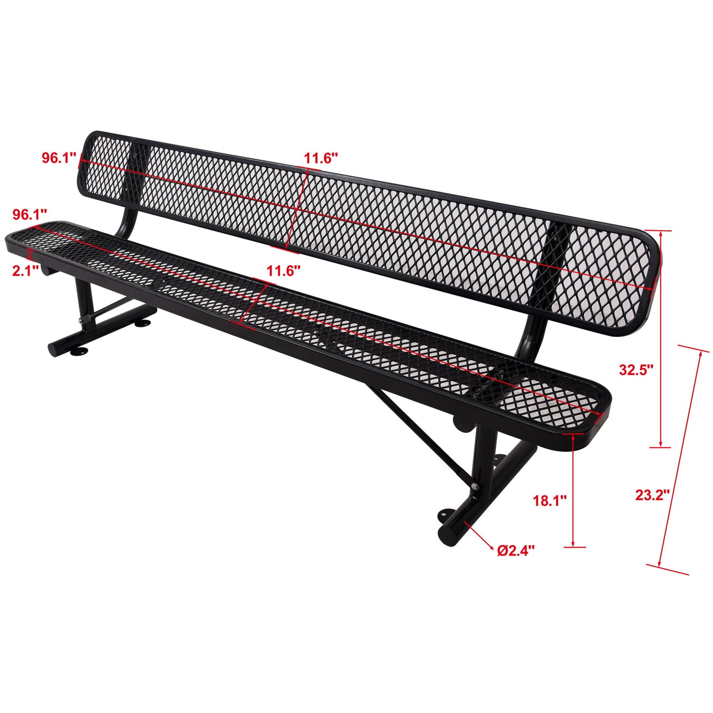 8' Outdoor Steel Bench With Backrest - Black