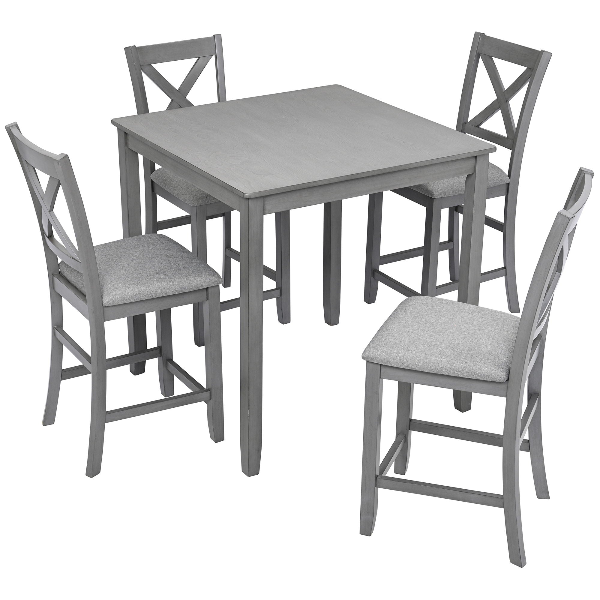 5 Piece Dining Table Set, Wooden Dining Square Table Set For 4, Counter Height Kitchen Table Set With Square Table And 4 Upholstered Chairs For Small Space - Gray