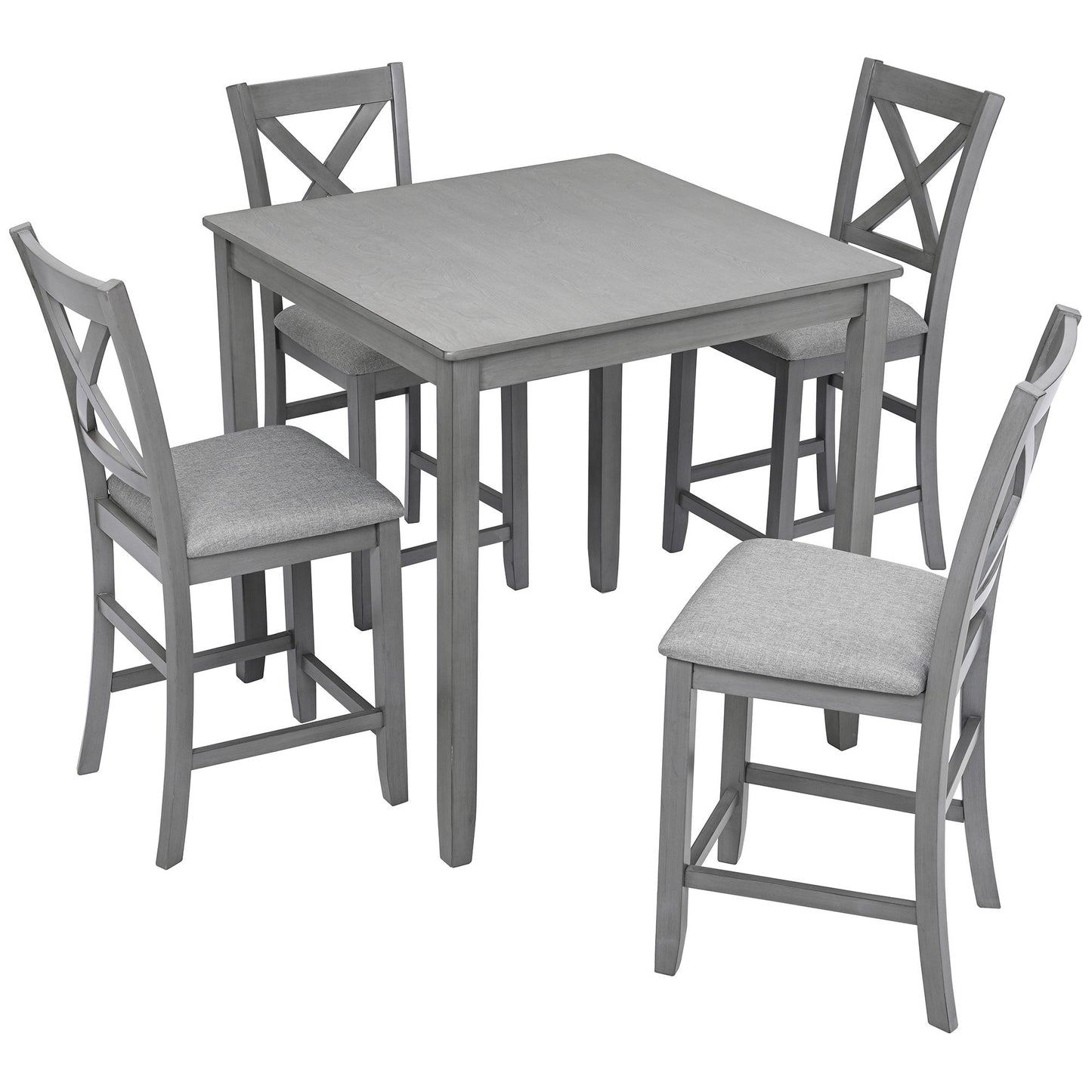 5 Piece Dining Table Set, Wooden Dining Square Table Set For 4, Counter Height Kitchen Table Set With Square Table And 4 Upholstered Chairs For Small Space - Gray