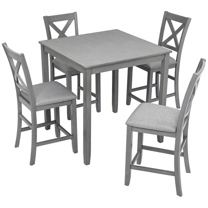 5 Piece Dining Table Set, Wooden Dining Square Table Set For 4, Counter Height Kitchen Table Set With Square Table And 4 Upholstered Chairs For Small Space - Gray