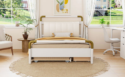 Queen Size Storage Platform Bed, With 2 Big Drawers, Twin Long Size Trundle - White