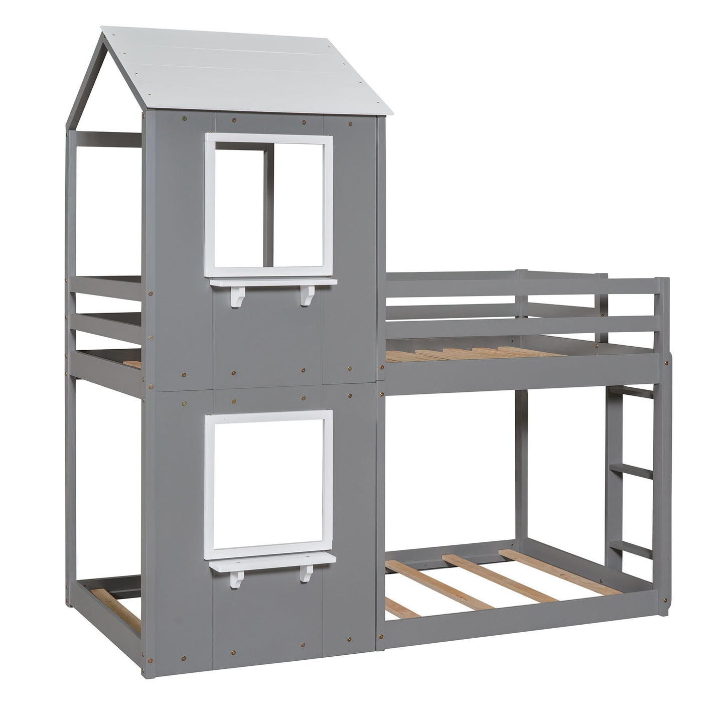 Twin Over Twin Bunk Bed With Roof, Window, Guardrail, Ladder - White