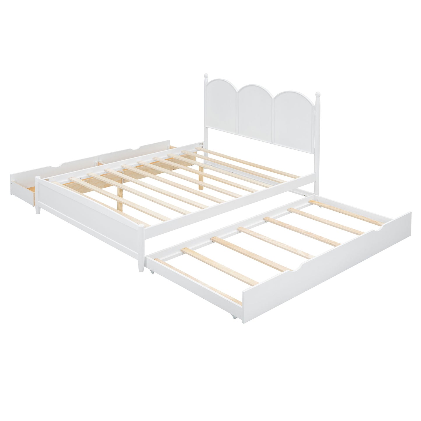 Queen Size Platform Bed With With 2 Big Drawers, Twin Long Size Trundle - White