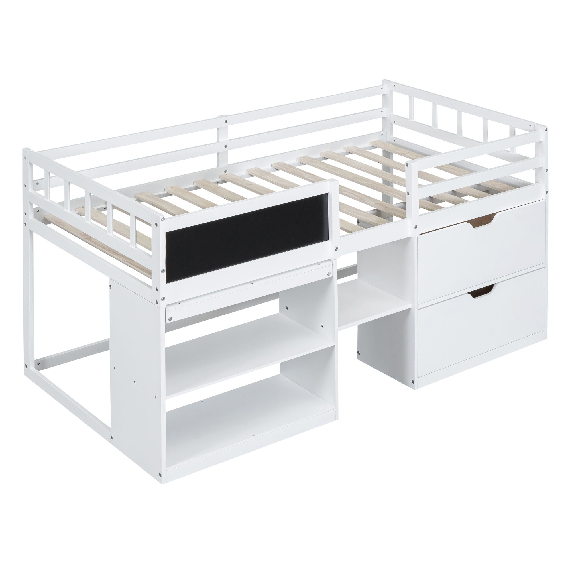 Twin Size Low Loft Bed With Rolling Desk, Shelf And Drawers - White