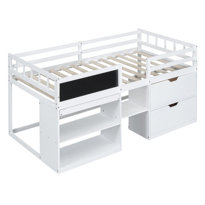 Twin Size Low Loft Bed With Rolling Desk, Shelf And Drawers - White