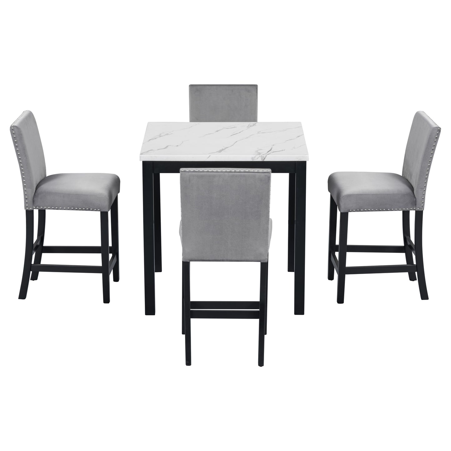 5-Piece Counter Height Dining Table Set With One Faux Marble Top Dining Table And Four Velvet Upholstered Chairs - Gray