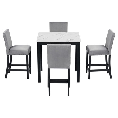 5-Piece Counter Height Dining Table Set With One Faux Marble Top Dining Table And Four Velvet Upholstered Chairs - Gray