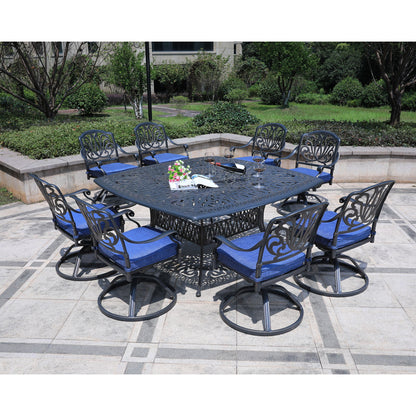 Square 8 Person 64" Long Aluminum Dining Set With Cushions With Swivel And Rocking Chairs - Gray / Navy