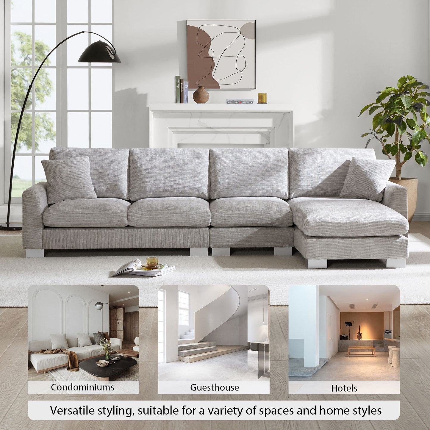 Modern Oversized Sectional Sofa, L-Shaped Luxury Couch Set With 2 Free Pillows, 5 Seat Chenille Indoor Furniture With Chaise - Light Gray