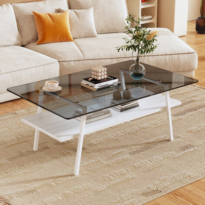 Rectangle Coffee Table, Tempered Glass Tabletop With White Metal Legs, Modern Table For Living Room - Gray