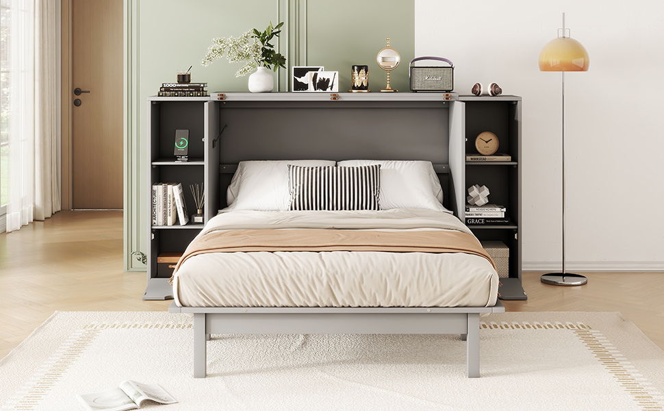 Full Size Murphy Bed With Shelves, Drawers And USB Ports - Gray