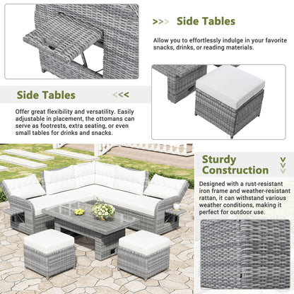 Outdoor Furniture Set Patio Rattan Furniture Set With An Adjustable Table, Recliners With Extendable Side Tables, And 2 Ottomans For Patio, Lawn, Backyard, Pool - Beige
