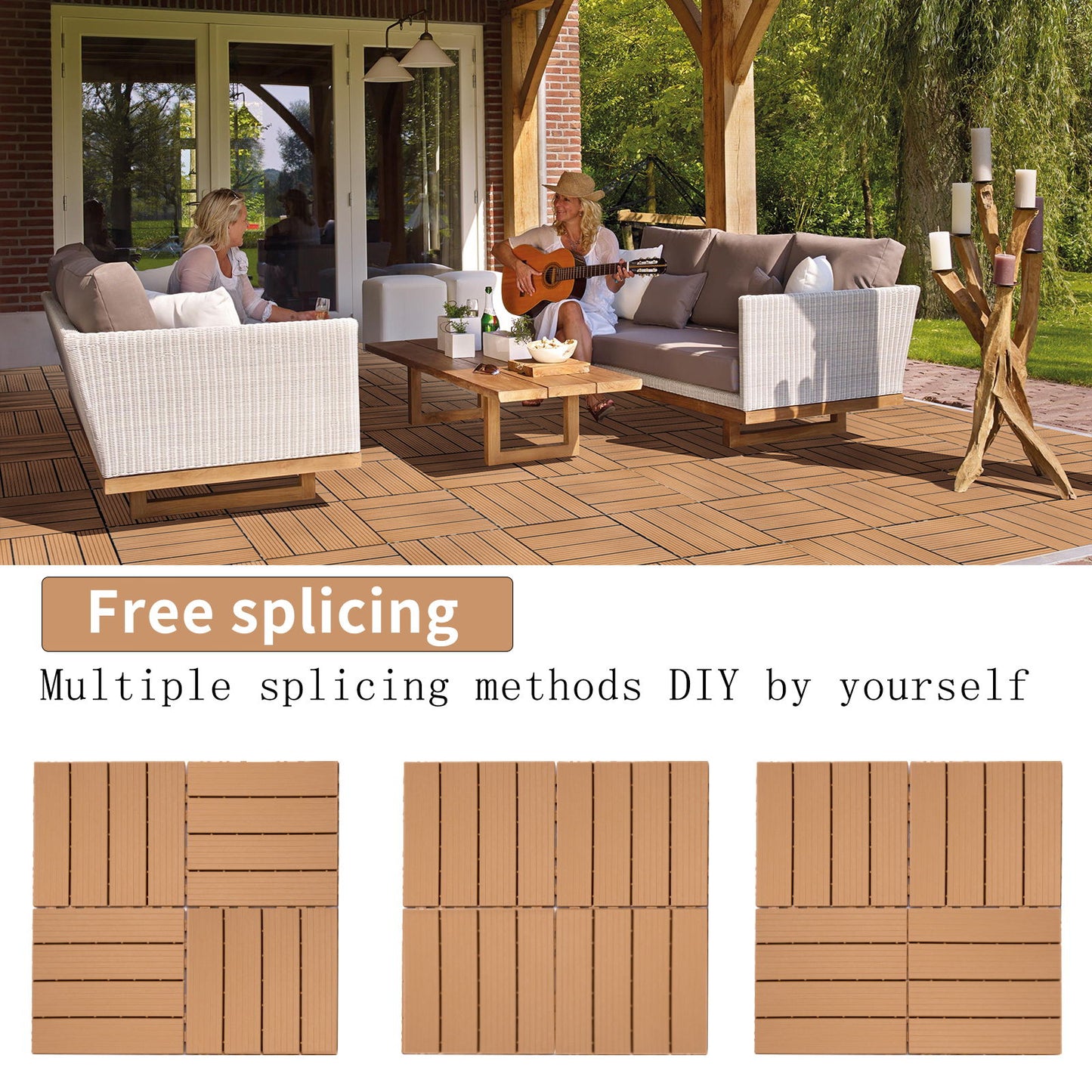 Plastic Interlocking Deck Tiles, (Set of 44), Patio Flooring Outdoor Waterproof All Weather Use For Garden Poolside Front / Back Yard - Burlywood